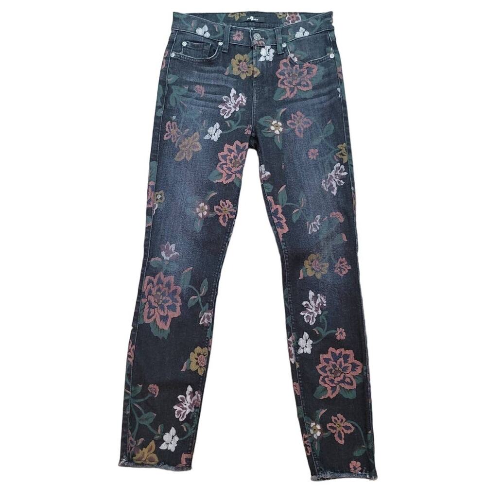 7 For‎ All Mankind Jeans Black Painted Floral Raw Hem Skinny Ankle Size 26